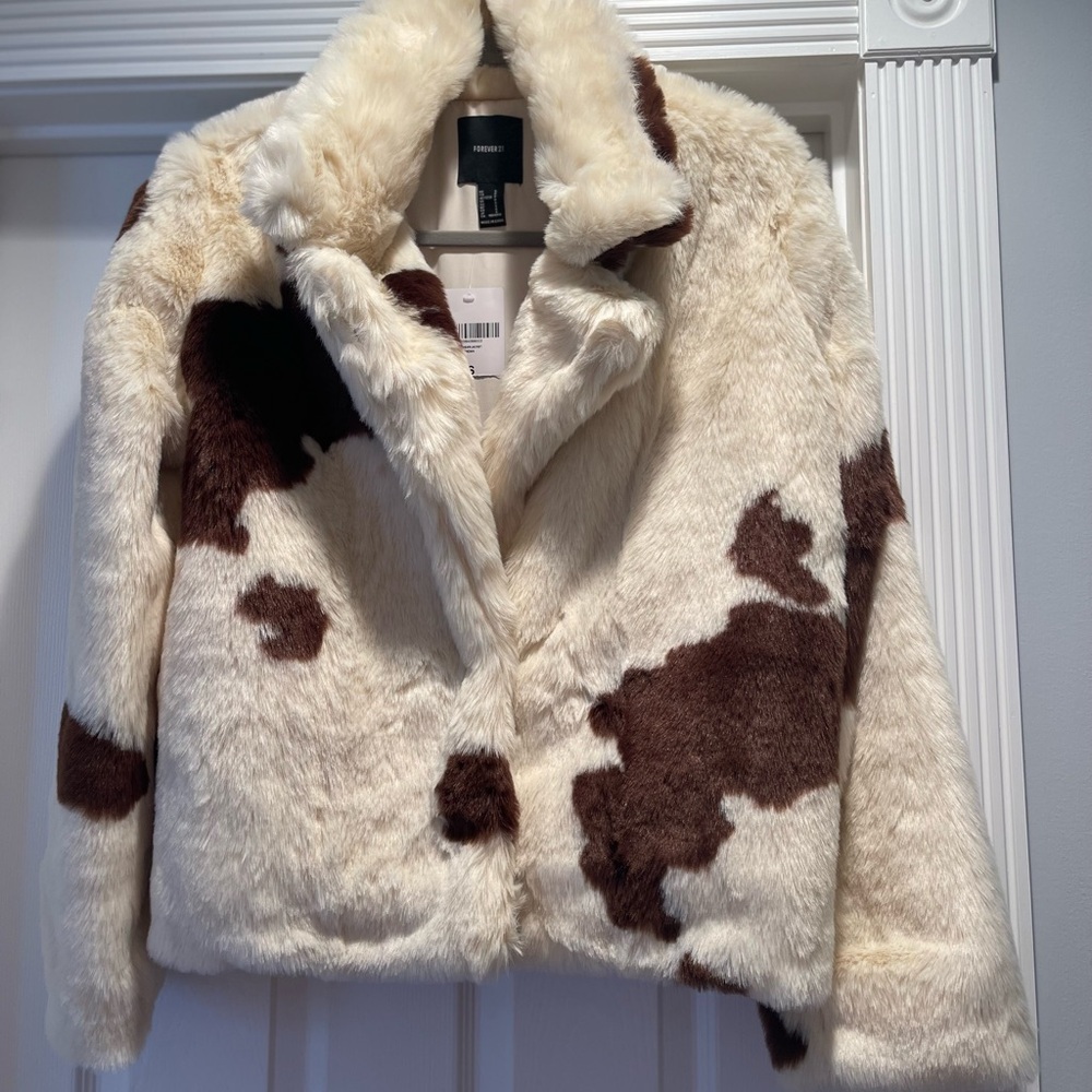 Forever 21 Cream and Brown Teddy Jacket Plush Cow Print